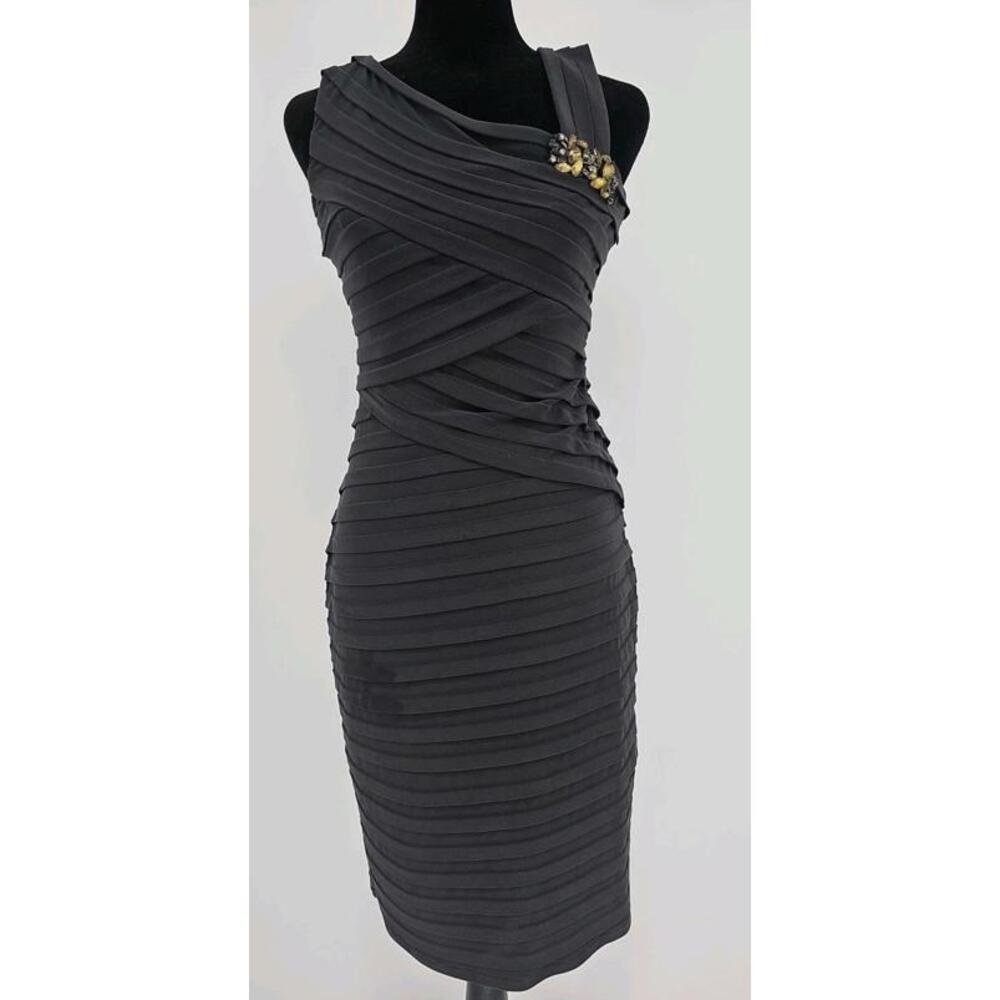 Vintage Cache Cocktail Dress 4 Black Pleats With Rhinestone Brooch Y2K